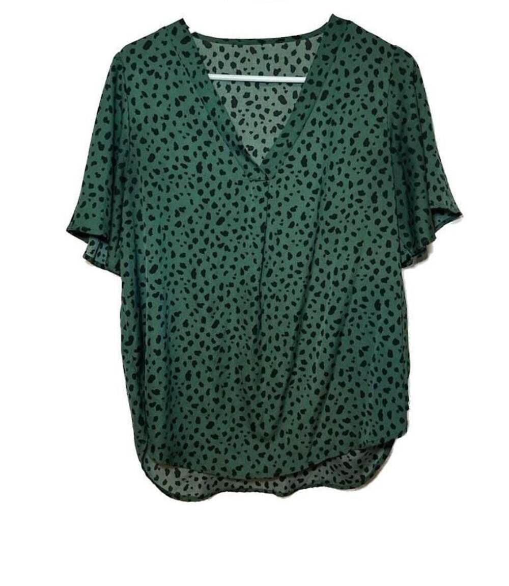 SHEIN Green and Black Leopard Dalmatian Print V-Neck Flutter Sleeve Blouse